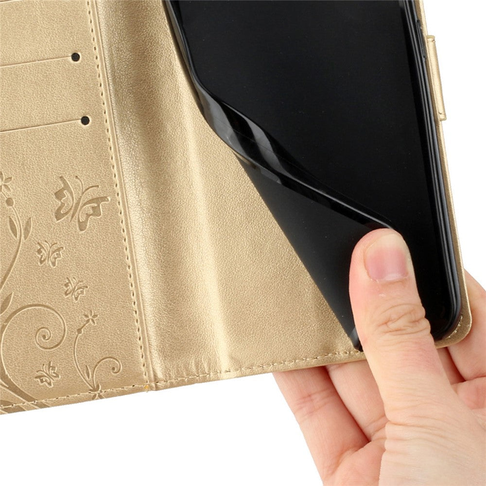 For Oppo Reno13 F 4G / 5G Leather Wallet Case Butterfly Flower Imprinted Phone Cover with Strap - Gold