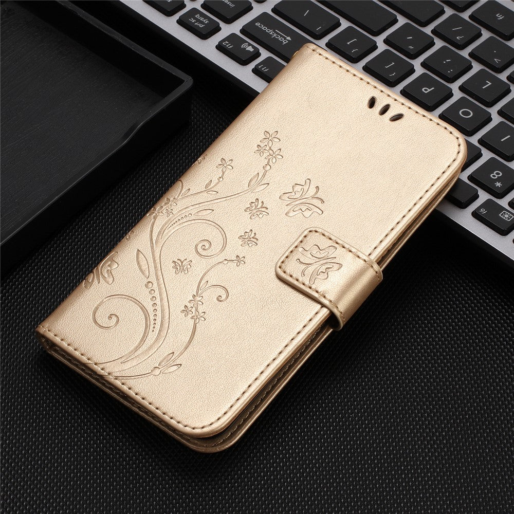 For Oppo Reno13 F 4G / 5G Leather Wallet Case Butterfly Flower Imprinted Phone Cover with Strap - Gold