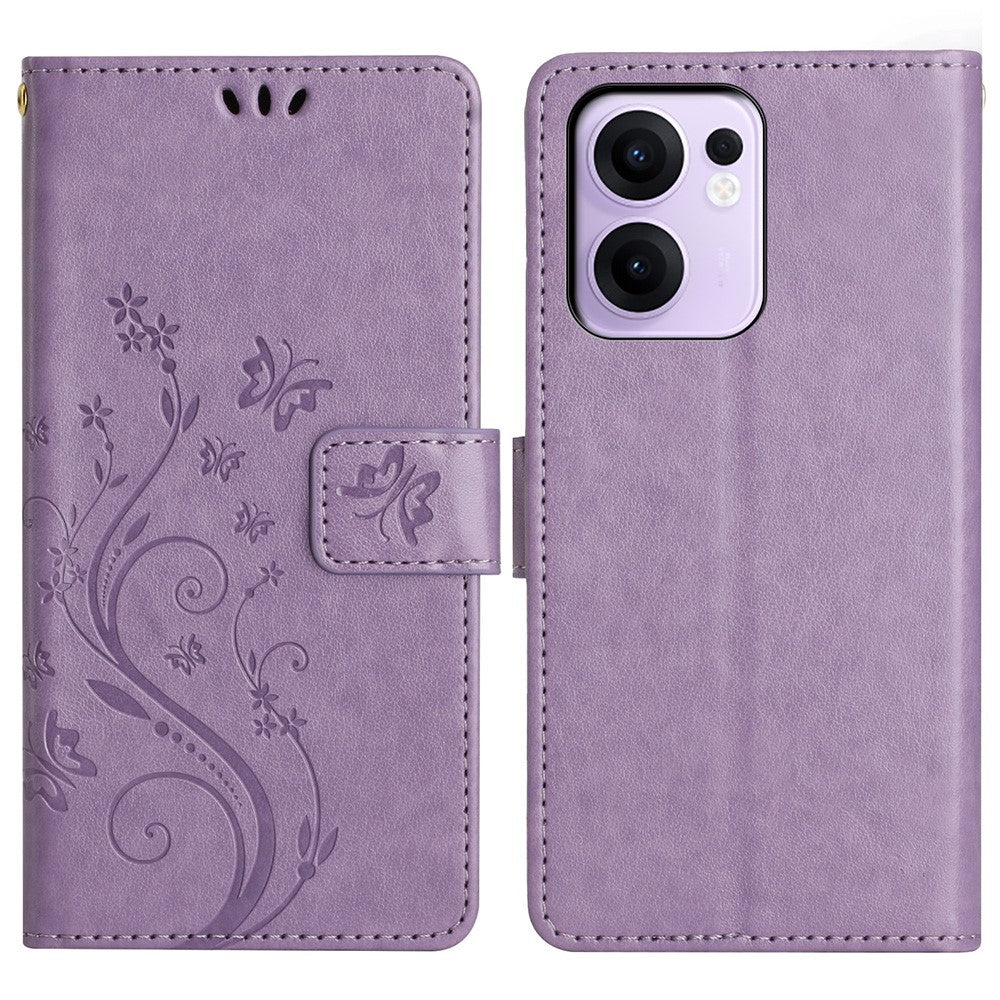 For Oppo Reno13 F 4G / 5G Leather Wallet Case Butterfly Flower Imprinted Phone Cover with Strap - Light Purple