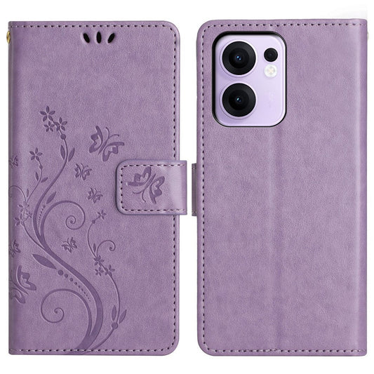 For Oppo Reno13 F 4G / 5G Leather Wallet Case Butterfly Flower Imprinted Phone Cover with Strap - Light Purple
