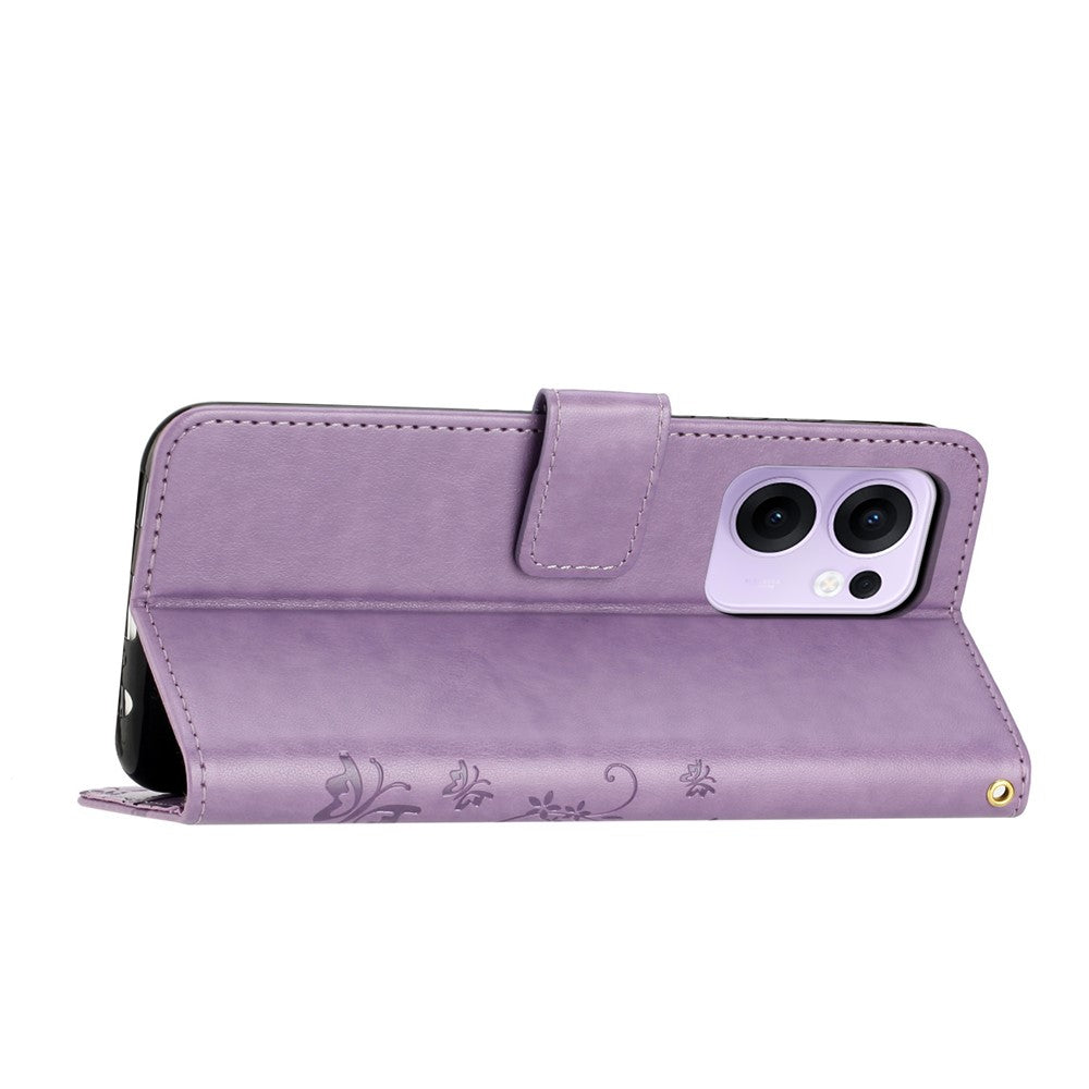 For Oppo Reno13 F 4G / 5G Leather Wallet Case Butterfly Flower Imprinted Phone Cover with Strap - Light Purple