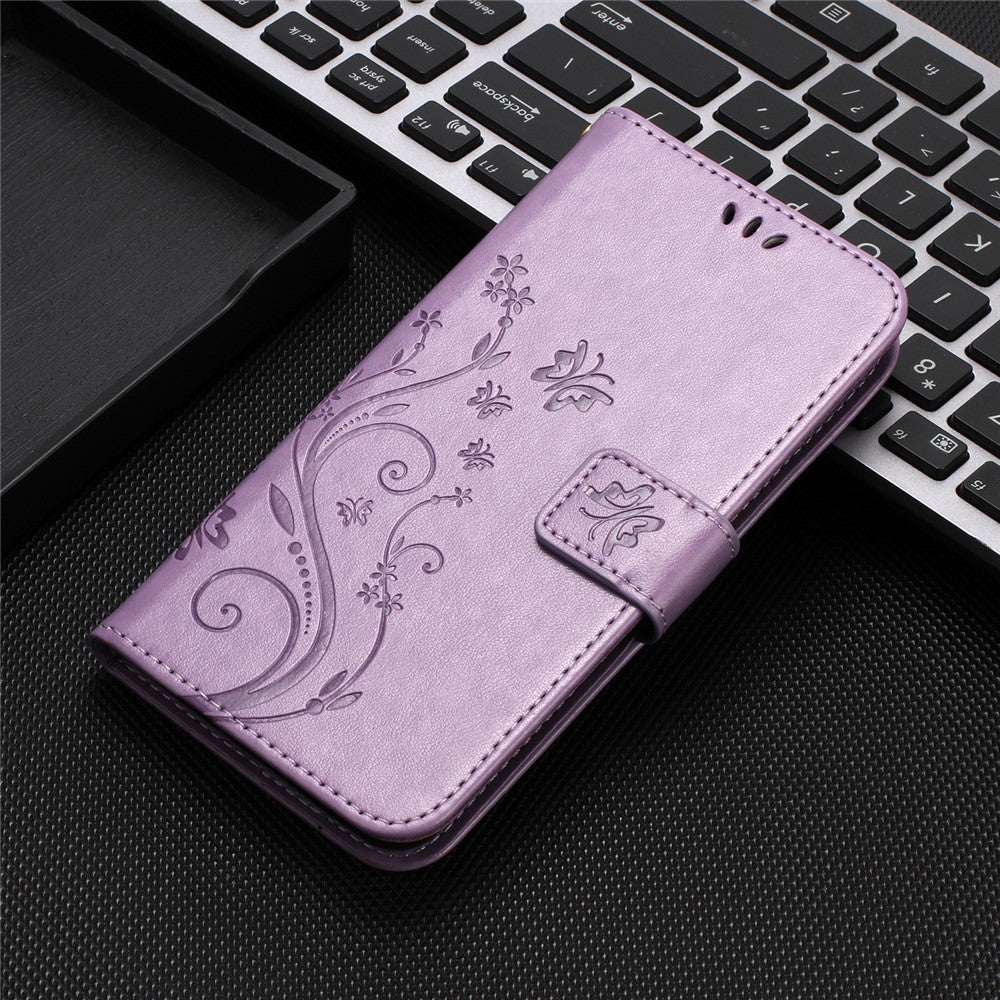For Oppo Reno13 F 4G / 5G Leather Wallet Case Butterfly Flower Imprinted Phone Cover with Strap - Light Purple