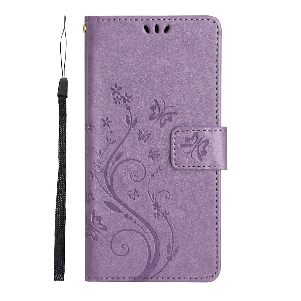 For Oppo Reno13 F 4G / 5G Leather Wallet Case Butterfly Flower Imprinted Phone Cover with Strap - Light Purple