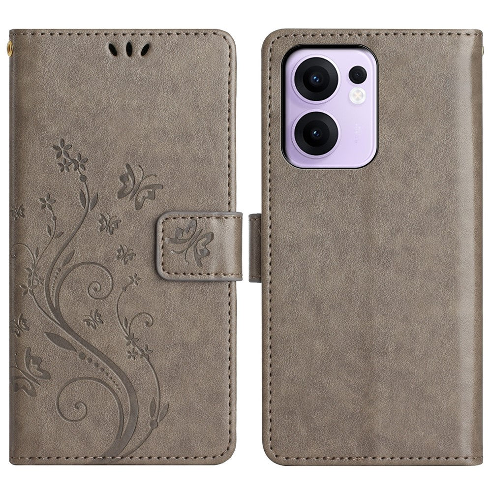 For Oppo Reno13 F 4G / 5G Leather Wallet Case Butterfly Flower Imprinted Phone Cover with Strap - Grey