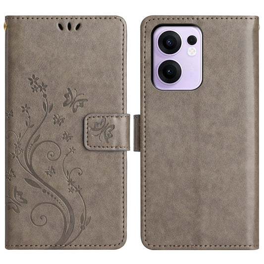 For Oppo Reno13 F 4G / 5G Leather Wallet Case Butterfly Flower Imprinted Phone Cover with Strap - Grey