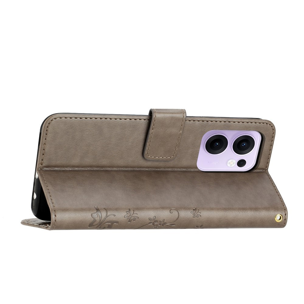 For Oppo Reno13 F 4G / 5G Leather Wallet Case Butterfly Flower Imprinted Phone Cover with Strap - Grey