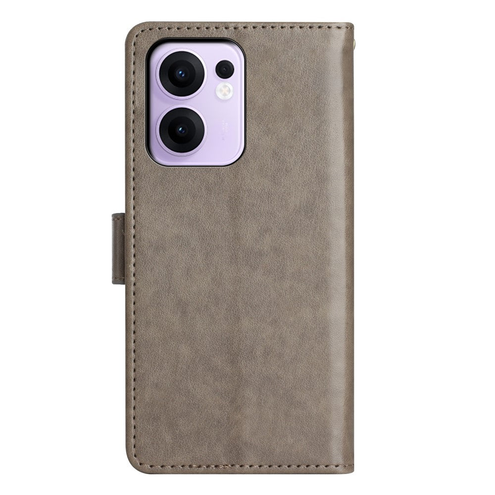 For Oppo Reno13 F 4G / 5G Leather Wallet Case Butterfly Flower Imprinted Phone Cover with Strap - Grey