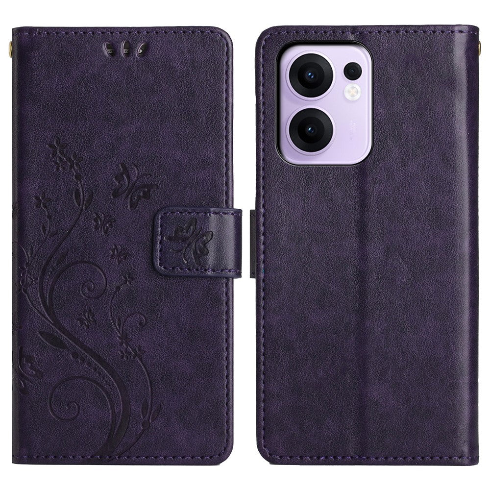 For Oppo Reno13 F 4G / 5G Leather Wallet Case Butterfly Flower Imprinted Phone Cover with Strap - Dark Purple