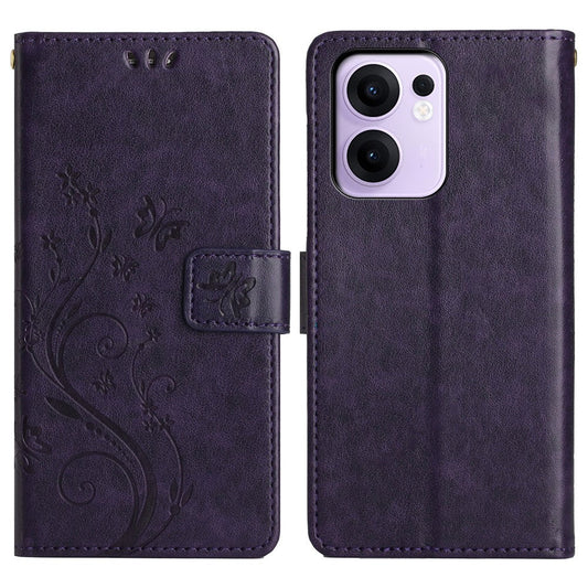 For Oppo Reno13 F 4G / 5G Leather Wallet Case Butterfly Flower Imprinted Phone Cover with Strap - Dark Purple