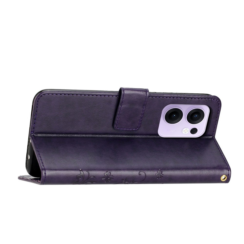 For Oppo Reno13 F 4G / 5G Leather Wallet Case Butterfly Flower Imprinted Phone Cover with Strap - Dark Purple
