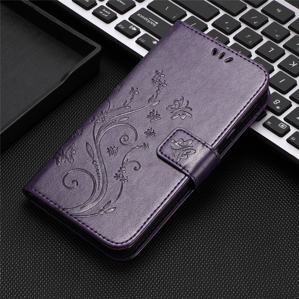 For Oppo Reno13 F 4G / 5G Leather Wallet Case Butterfly Flower Imprinted Phone Cover with Strap - Dark Purple