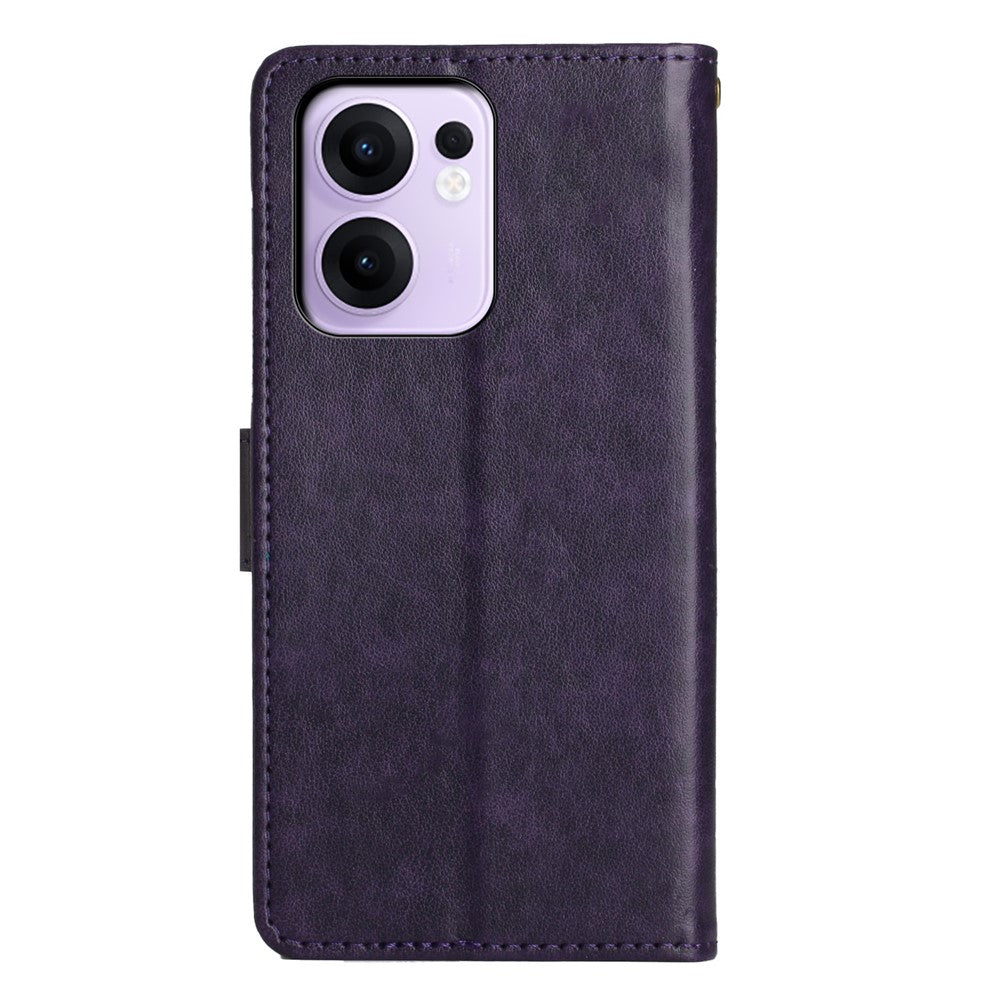 For Oppo Reno13 F 4G / 5G Leather Wallet Case Butterfly Flower Imprinted Phone Cover with Strap - Dark Purple