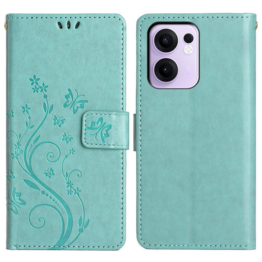 For Oppo Reno13 F 4G / 5G Leather Wallet Case Butterfly Flower Imprinted Phone Cover with Strap - Baby Blue
