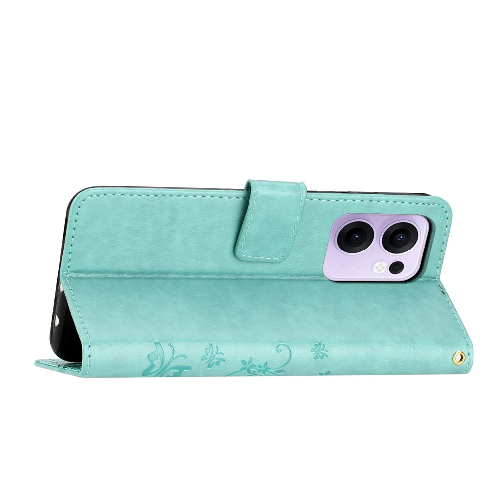 For Oppo Reno13 F 4G / 5G Leather Wallet Case Butterfly Flower Imprinted Phone Cover with Strap - Baby Blue