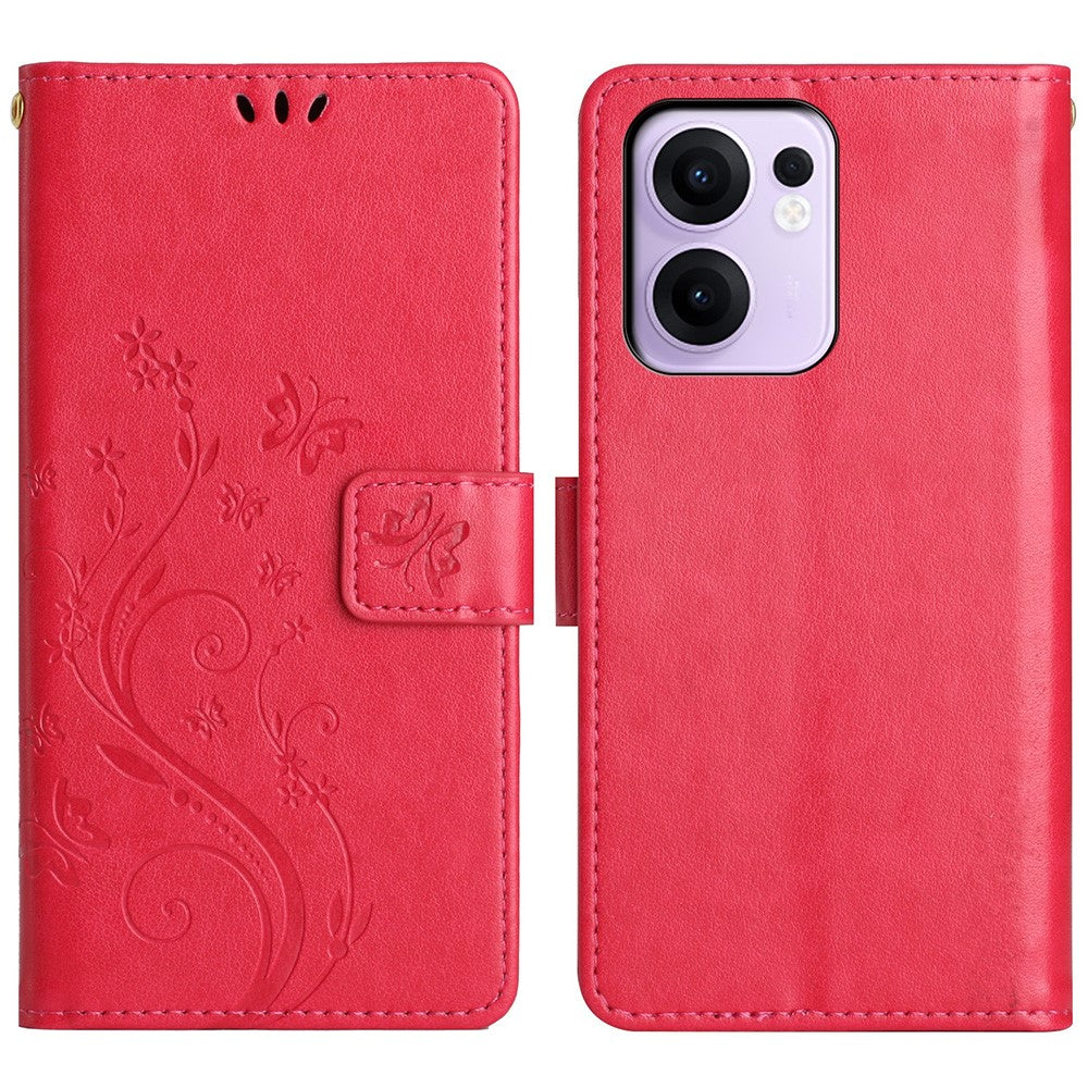 For Oppo Reno13 F 4G / 5G Leather Wallet Case Butterfly Flower Imprinted Phone Cover with Strap - Red