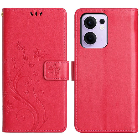 For Oppo Reno13 F 4G / 5G Leather Wallet Case Butterfly Flower Imprinted Phone Cover with Strap - Red