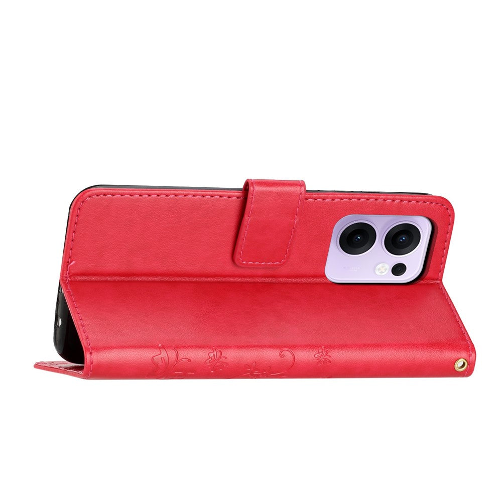 For Oppo Reno13 F 4G / 5G Leather Wallet Case Butterfly Flower Imprinted Phone Cover with Strap - Red