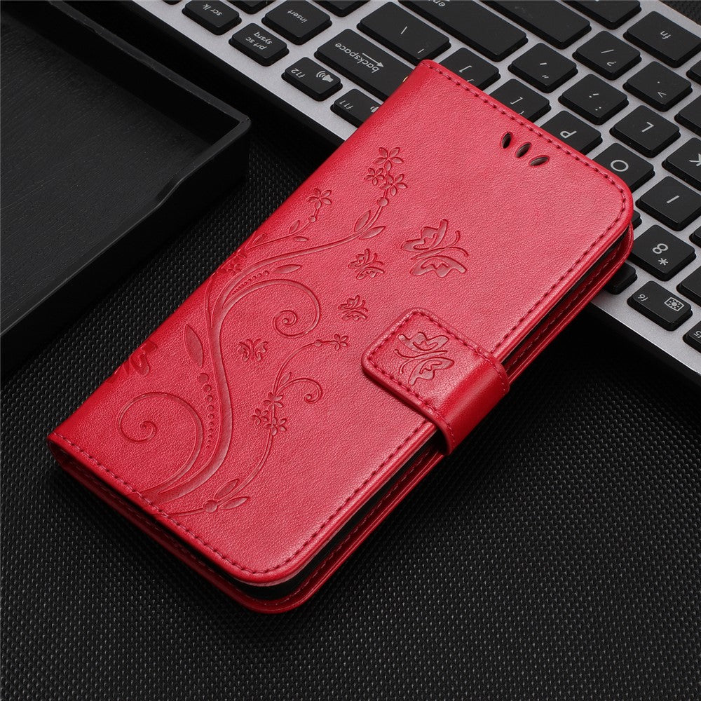 For Oppo Reno13 F 4G / 5G Leather Wallet Case Butterfly Flower Imprinted Phone Cover with Strap - Red
