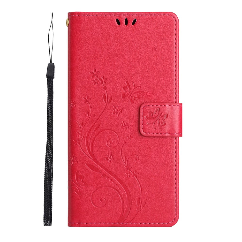 For Oppo Reno13 F 4G / 5G Leather Wallet Case Butterfly Flower Imprinted Phone Cover with Strap - Red