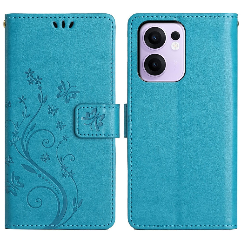 For Oppo Reno13 F 4G / 5G Leather Wallet Case Butterfly Flower Imprinted Phone Cover with Strap - Blue