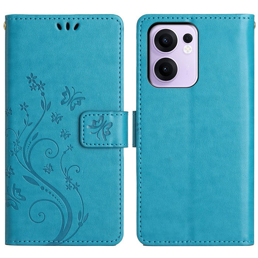 For Oppo Reno13 F 4G / 5G Leather Wallet Case Butterfly Flower Imprinted Phone Cover with Strap - Blue