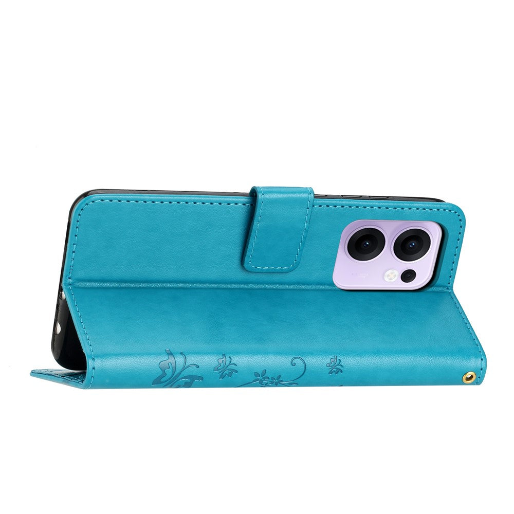 For Oppo Reno13 F 4G / 5G Leather Wallet Case Butterfly Flower Imprinted Phone Cover with Strap - Blue