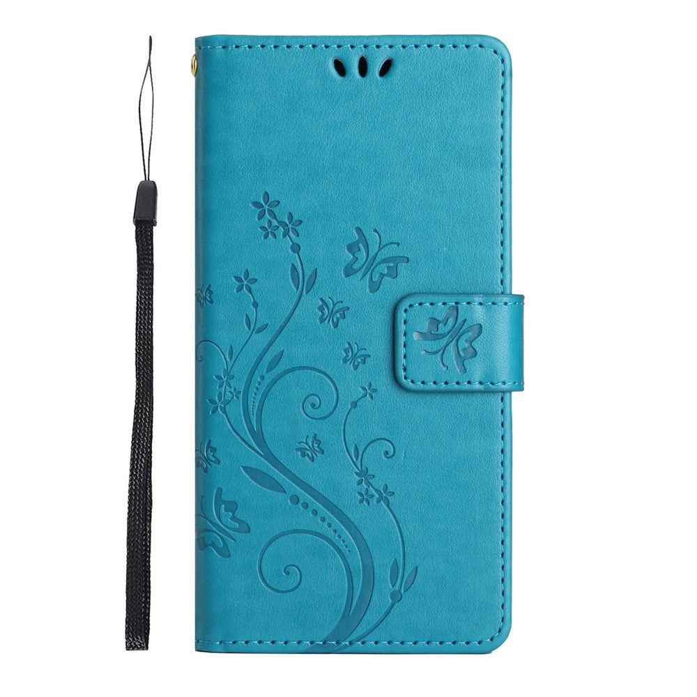 For Oppo Reno13 F 4G / 5G Leather Wallet Case Butterfly Flower Imprinted Phone Cover with Strap - Blue