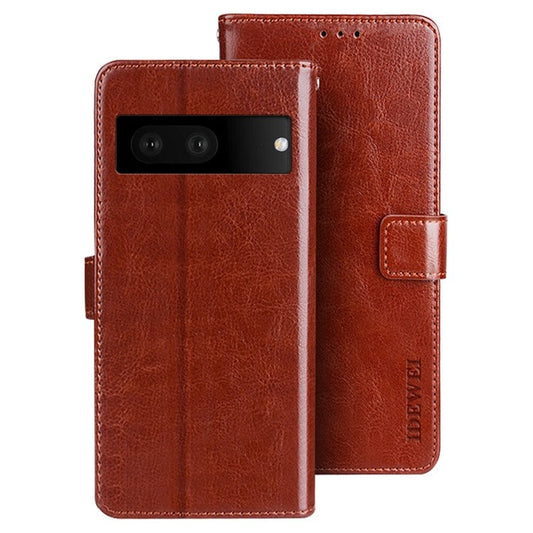 IDEWEI PU Leather Crazy Horse Texture Case for Google Pixel 7 5G, Magnetic Clasp Phone Wallet Stand Inner TPU Cover - Brown