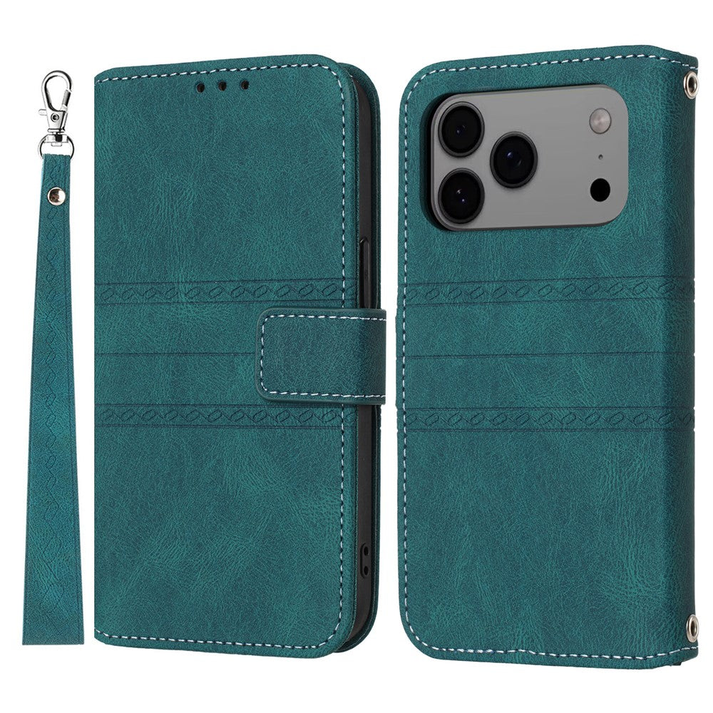 For iPhone 17 Pro Max Case Wallet Skin-Touch Leather Imprinted Phone Cover with Wrist Strap - Blackish Green