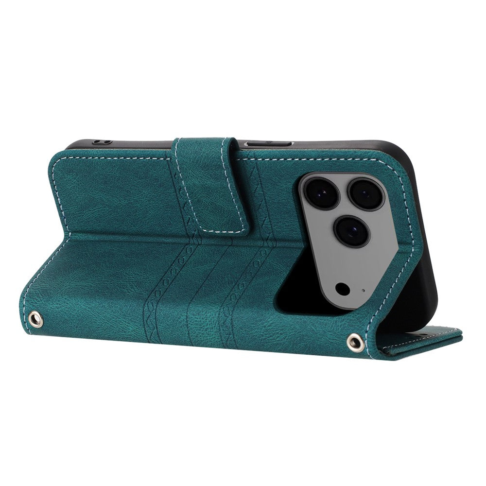 For iPhone 17 Pro Max Case Wallet Skin-Touch Leather Imprinted Phone Cover with Wrist Strap - Blackish Green