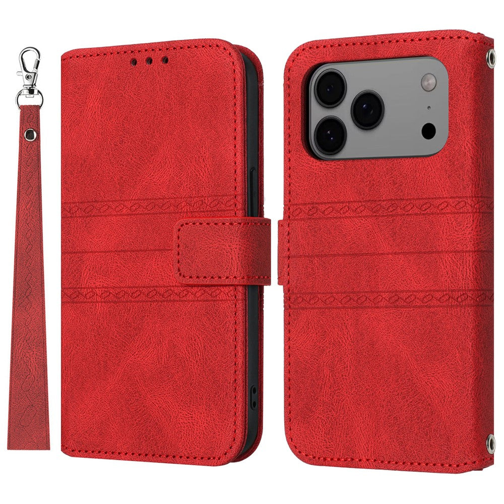 For iPhone 17 Pro Max Case Wallet Skin-Touch Leather Imprinted Phone Cover with Wrist Strap - Red