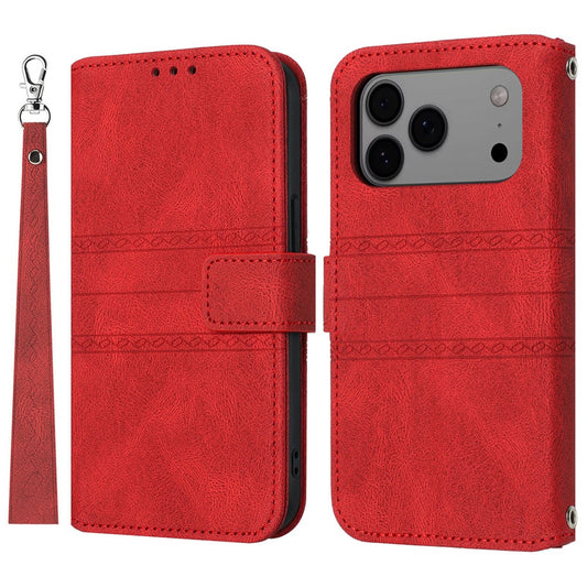 For iPhone 17 Pro Max Case Wallet Skin-Touch Leather Imprinted Phone Cover with Wrist Strap - Red