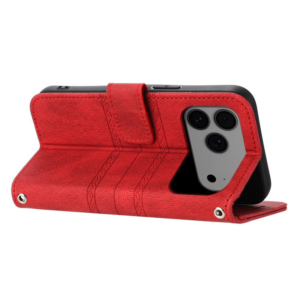 For iPhone 17 Pro Max Case Wallet Skin-Touch Leather Imprinted Phone Cover with Wrist Strap - Red