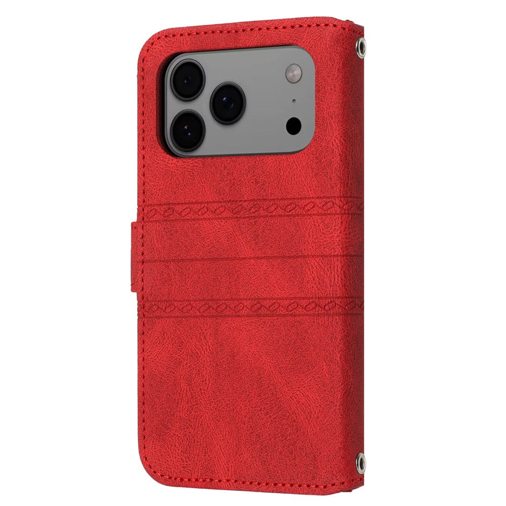 For iPhone 17 Pro Max Case Wallet Skin-Touch Leather Imprinted Phone Cover with Wrist Strap - Red