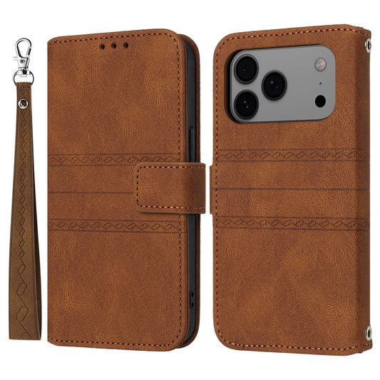 For iPhone 17 Pro Max Case Wallet Skin-Touch Leather Imprinted Phone Cover with Wrist Strap - Brown