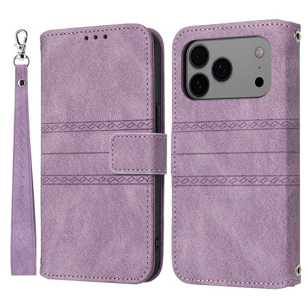 For iPhone 17 Pro Max Case Wallet Skin-Touch Leather Imprinted Phone Cover with Wrist Strap - Purple