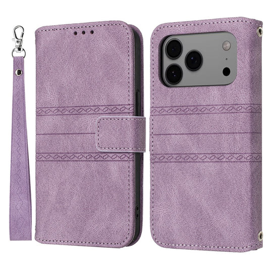 For iPhone 17 Pro Max Case Wallet Skin-Touch Leather Imprinted Phone Cover with Wrist Strap - Purple