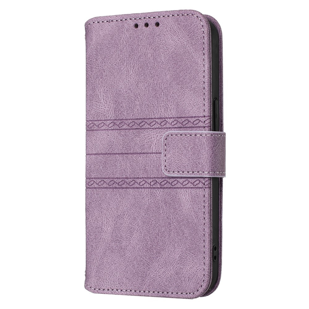 For iPhone 17 Pro Max Case Wallet Skin-Touch Leather Imprinted Phone Cover with Wrist Strap - Purple