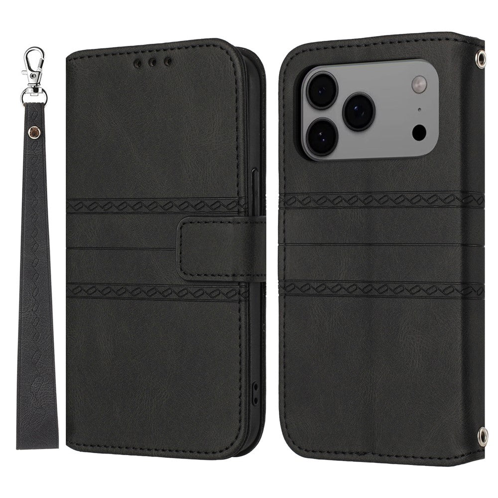 For iPhone 17 Pro Max Case Wallet Skin-Touch Leather Imprinted Phone Cover with Wrist Strap - Black