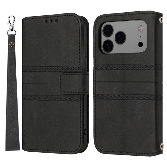 For iPhone 17 Pro Max Case Wallet Skin-Touch Leather Imprinted Phone Cover with Wrist Strap - Black