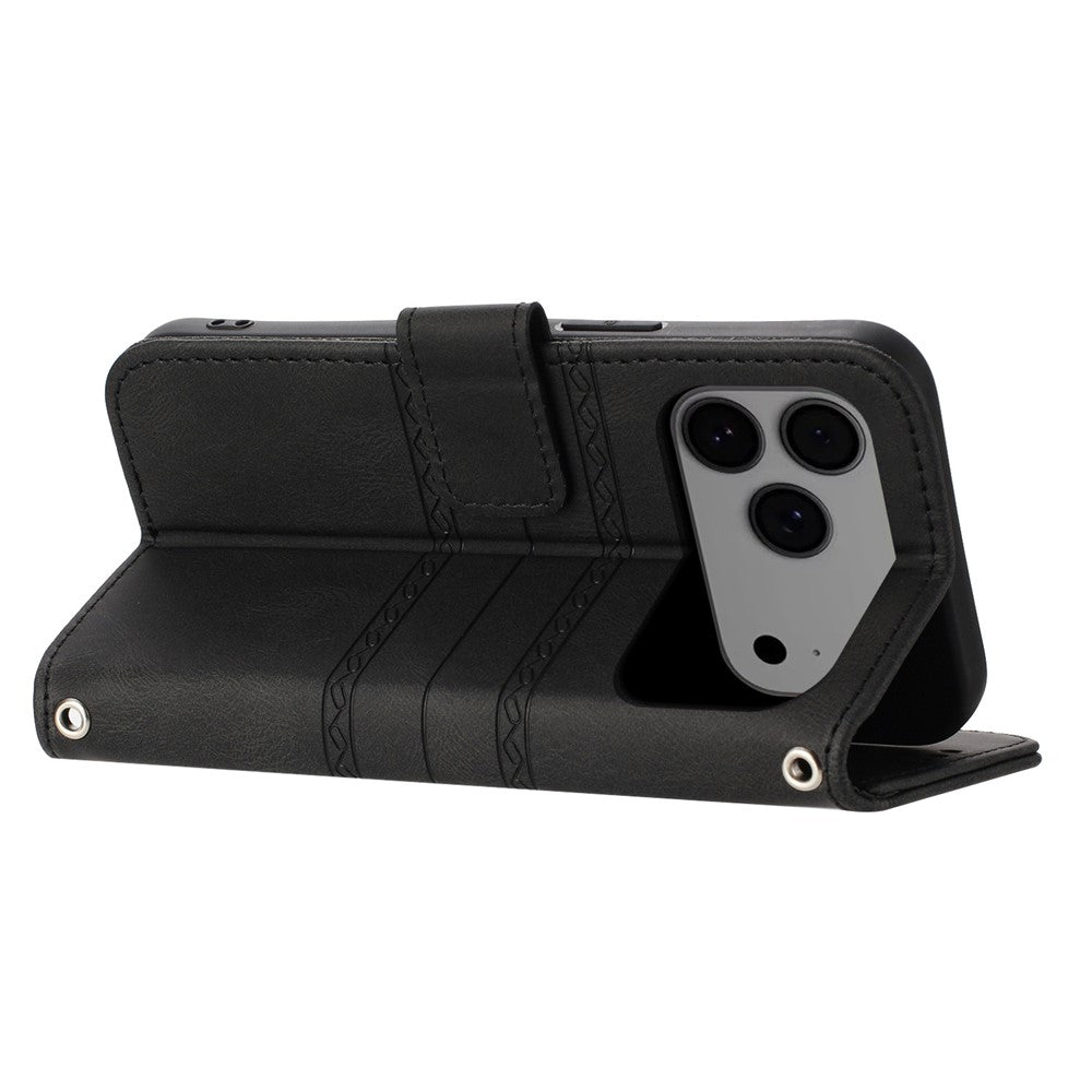 For iPhone 17 Pro Max Case Wallet Skin-Touch Leather Imprinted Phone Cover with Wrist Strap - Black