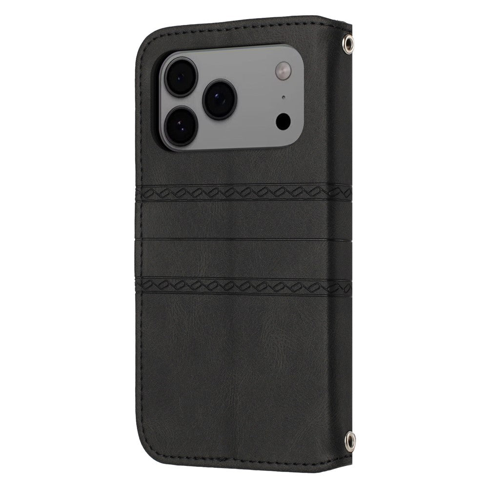 For iPhone 17 Pro Max Case Wallet Skin-Touch Leather Imprinted Phone Cover with Wrist Strap - Black