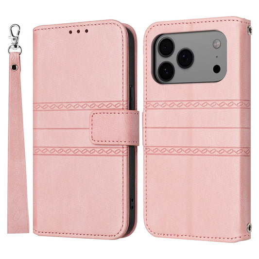 For iPhone 17 Pro Max Case Wallet Skin-Touch Leather Imprinted Phone Cover with Wrist Strap - Pink