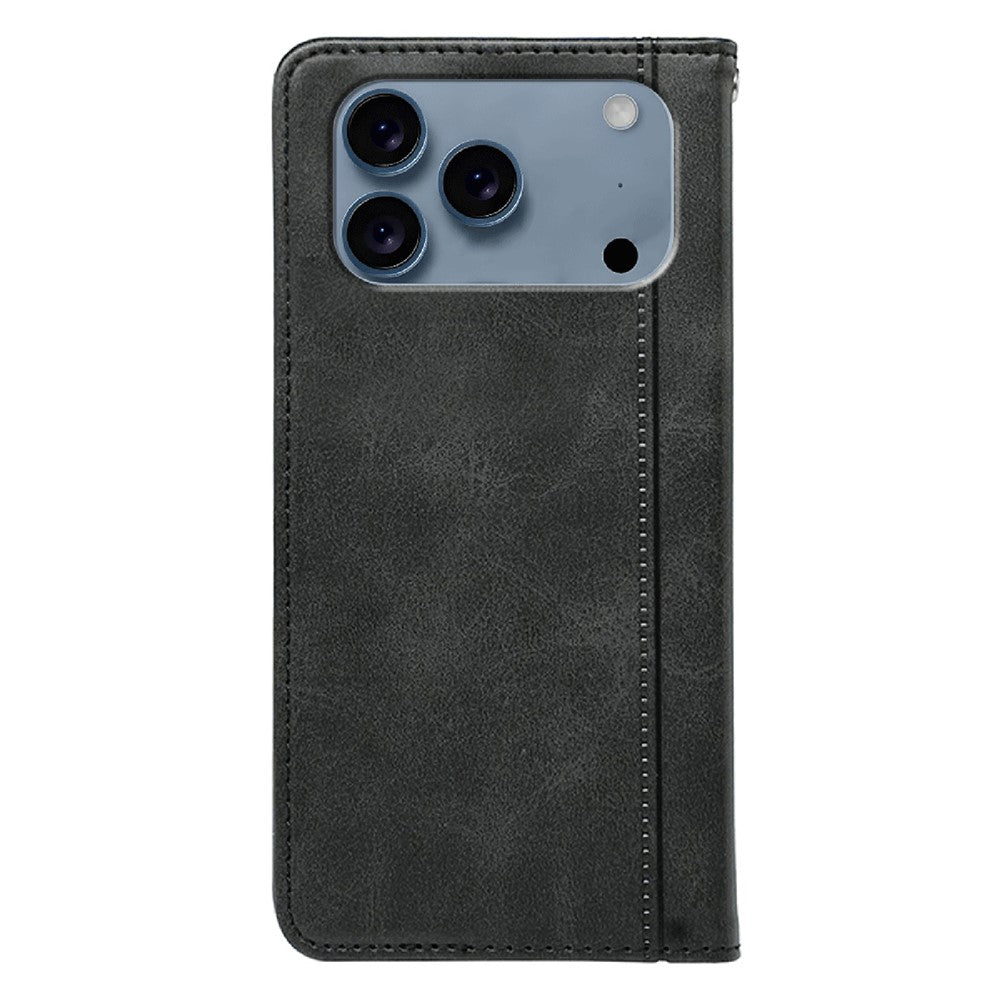 For iPhone 17 Pro Max Case Hidden Magnetic Closure Calf Texture Leather Phone Cover - Black