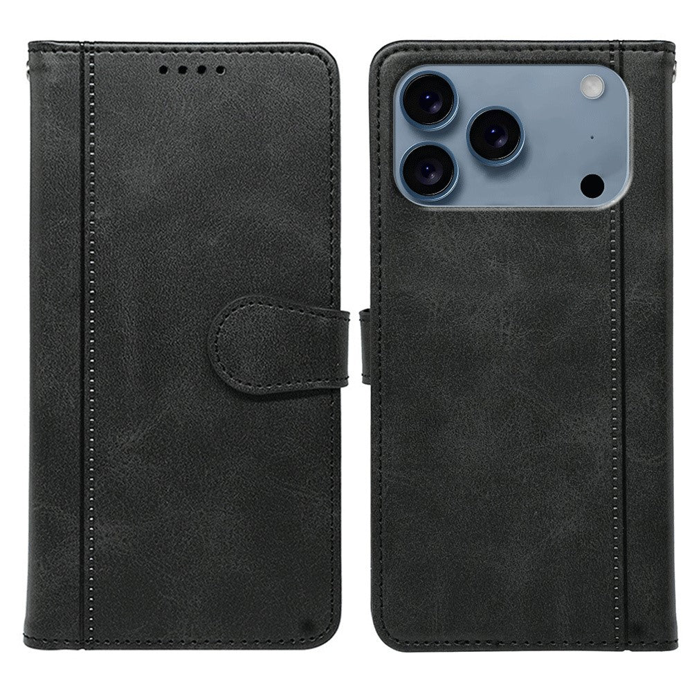 For iPhone 17 Pro Max Case Calf Texture Leather Stand Book Style Phone Cover - Black