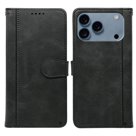 For iPhone 17 Pro Max Case Calf Texture Leather Stand Book Style Phone Cover - Black