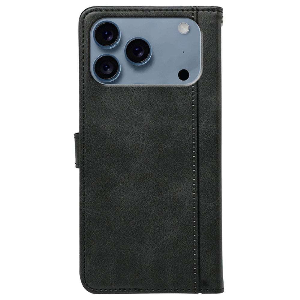 For iPhone 17 Pro Max Case Calf Texture Leather Stand Book Style Phone Cover - Black