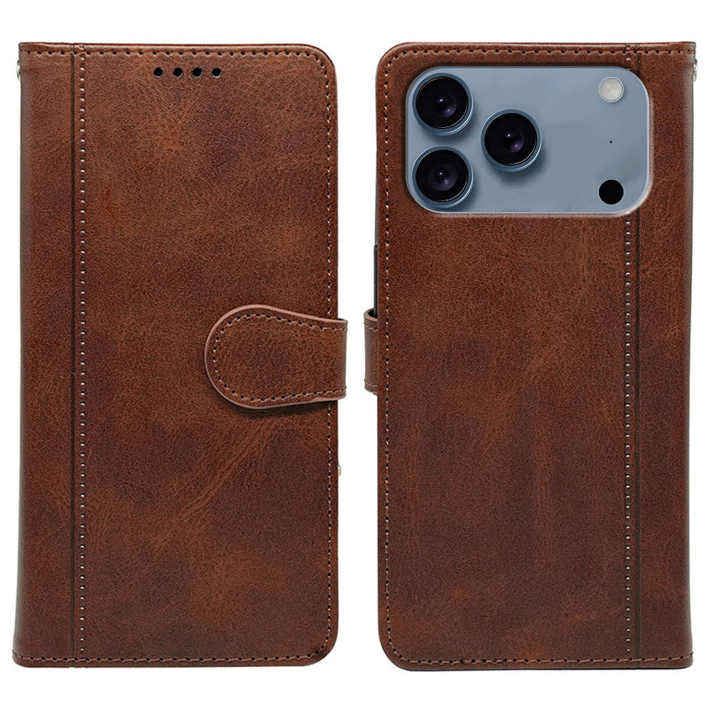 For iPhone 17 Pro Max Case Calf Texture Leather Stand Book Style Phone Cover - Brown