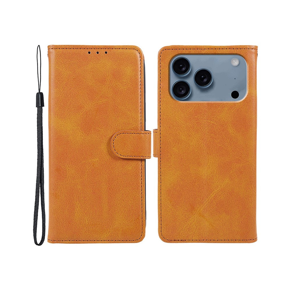 For iPhone 17 Pro Max Case Calf Texture PU Leather Wallet Phone Cover with Wrist Strap - Khaki