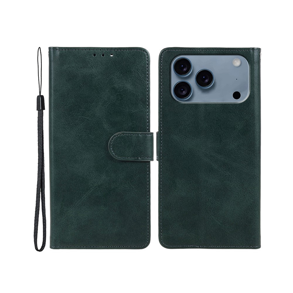 For iPhone 17 Pro Max Case Calf Texture PU Leather Wallet Phone Cover with Wrist Strap - Midnight Green